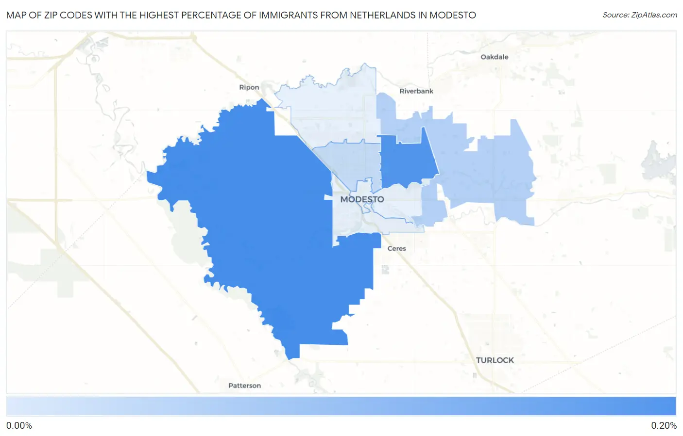 Zip Codes with the Highest Percentage of Immigrants from Netherlands in Modesto Map