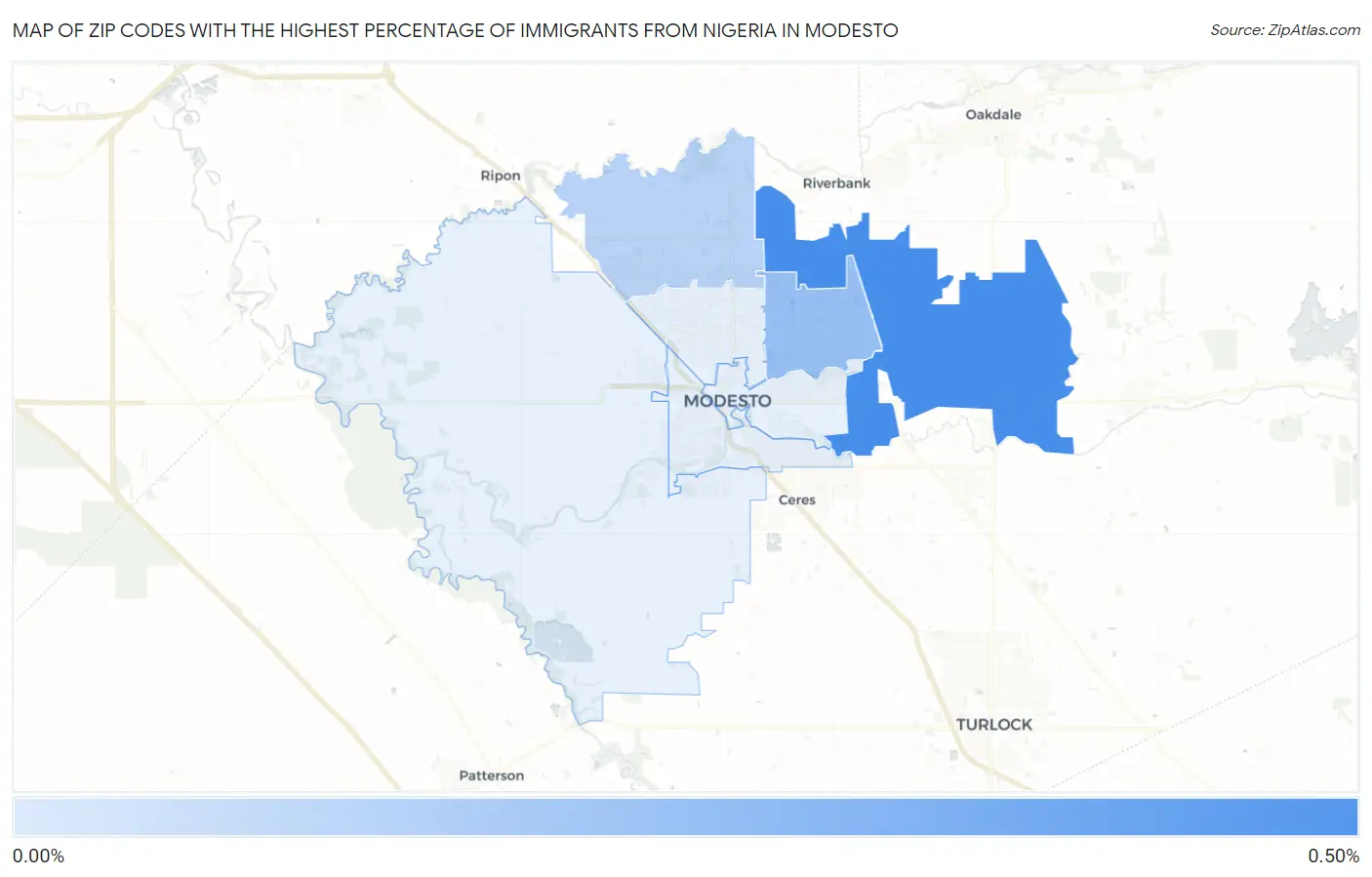 Zip Codes with the Highest Percentage of Immigrants from Nigeria in Modesto Map