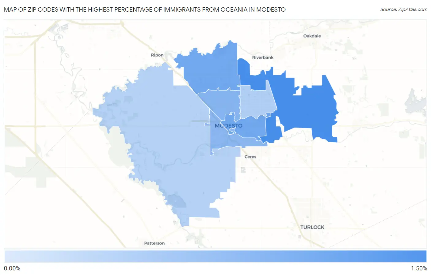 Zip Codes with the Highest Percentage of Immigrants from Oceania in Modesto Map