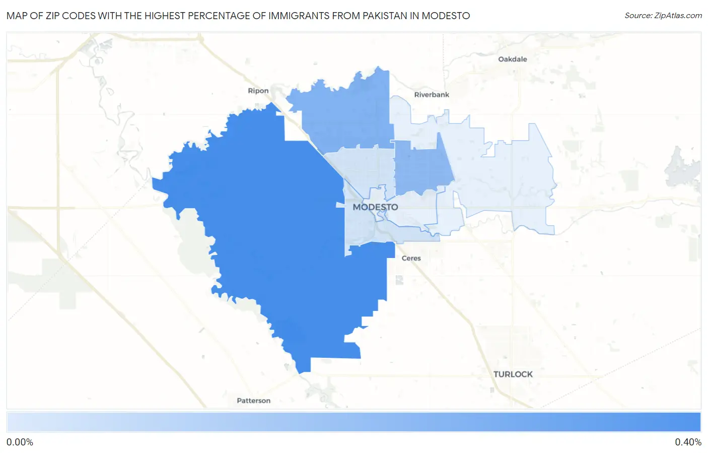 Zip Codes with the Highest Percentage of Immigrants from Pakistan in Modesto Map