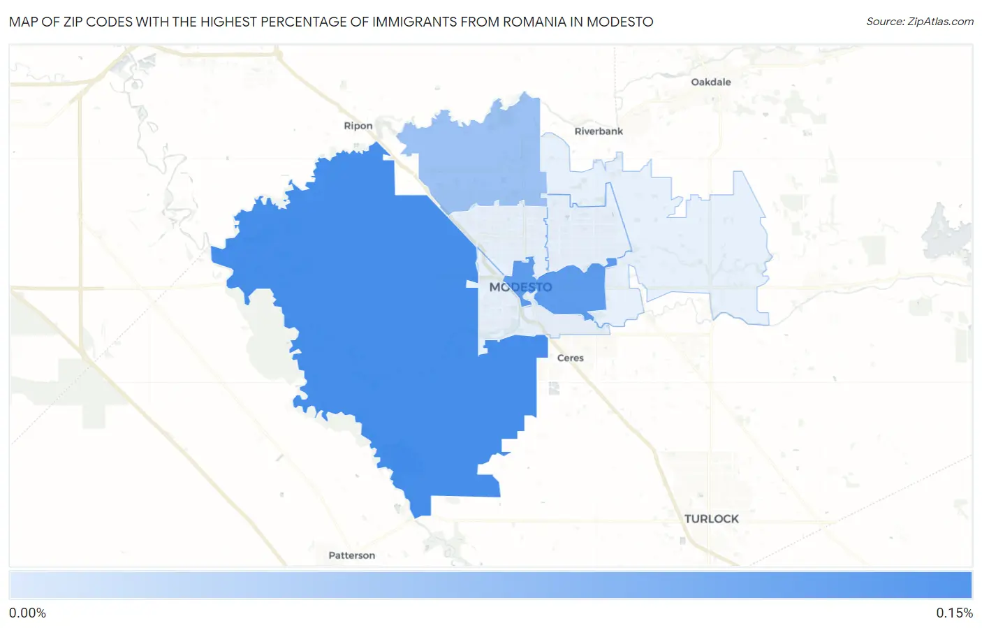 Zip Codes with the Highest Percentage of Immigrants from Romania in Modesto Map