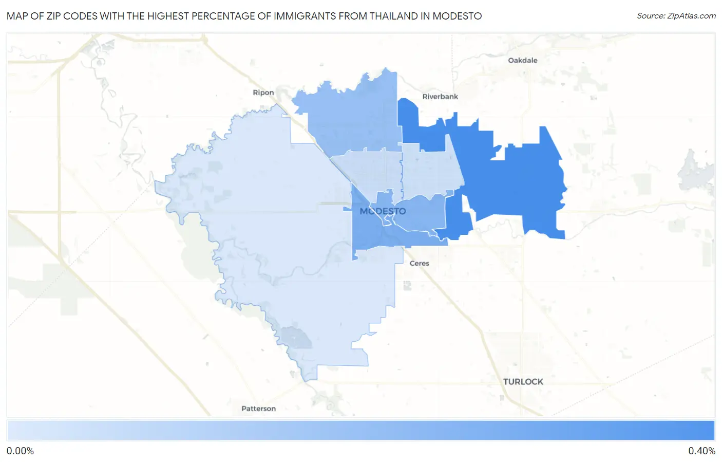 Zip Codes with the Highest Percentage of Immigrants from Thailand in Modesto Map