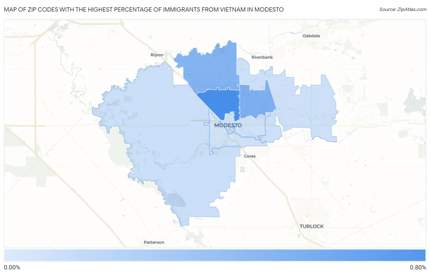 Zip Codes with the Highest Percentage of Immigrants from Vietnam in Modesto Map