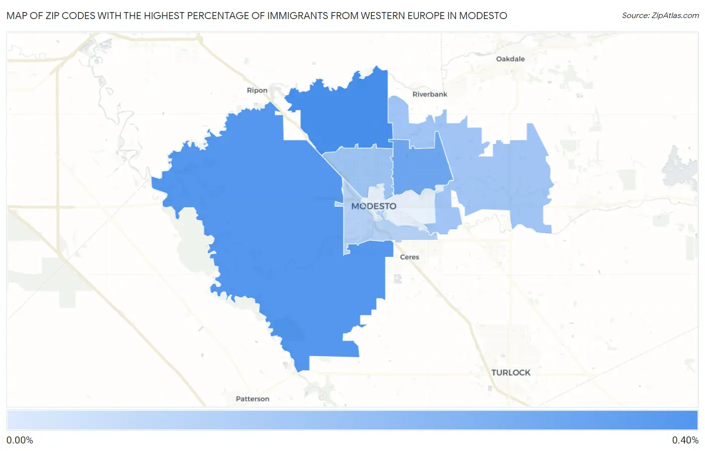 Zip Codes with the Highest Percentage of Immigrants from Western Europe in Modesto Map