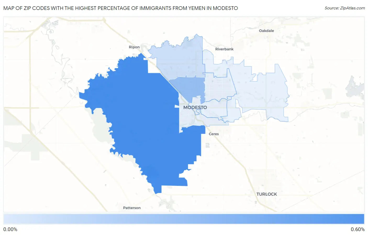 Zip Codes with the Highest Percentage of Immigrants from Yemen in Modesto Map