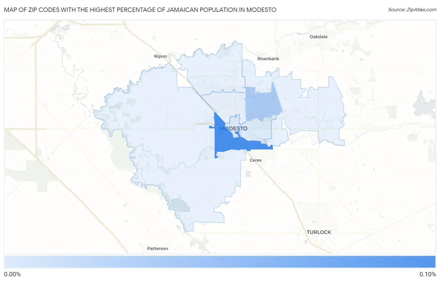 Zip Codes with the Highest Percentage of Jamaican Population in Modesto Map