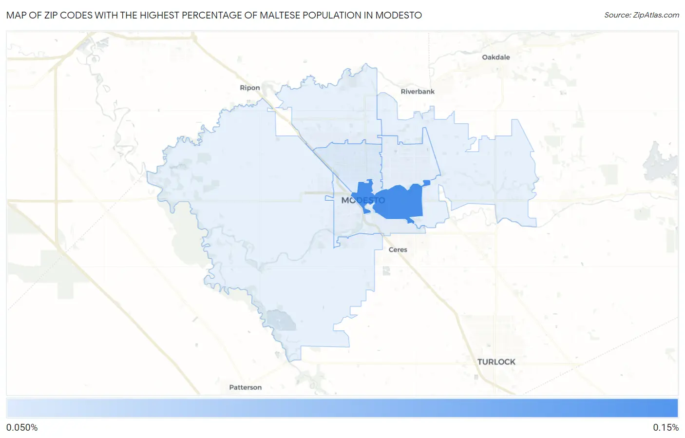 Zip Codes with the Highest Percentage of Maltese Population in Modesto Map