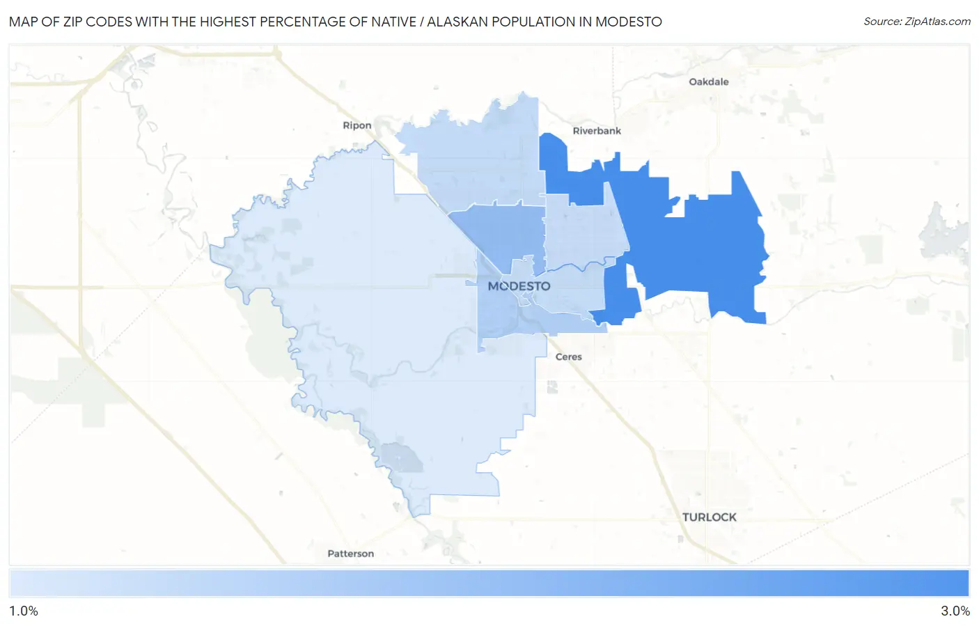Zip Codes with the Highest Percentage of Native / Alaskan Population in Modesto Map