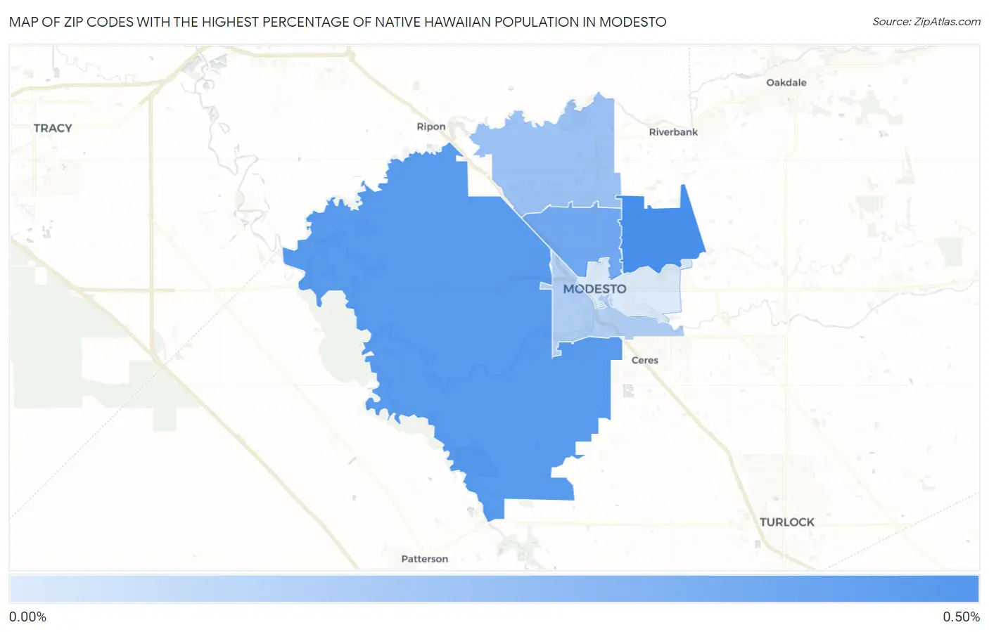 Zip Codes with the Highest Percentage of Native Hawaiian Population in Modesto Map