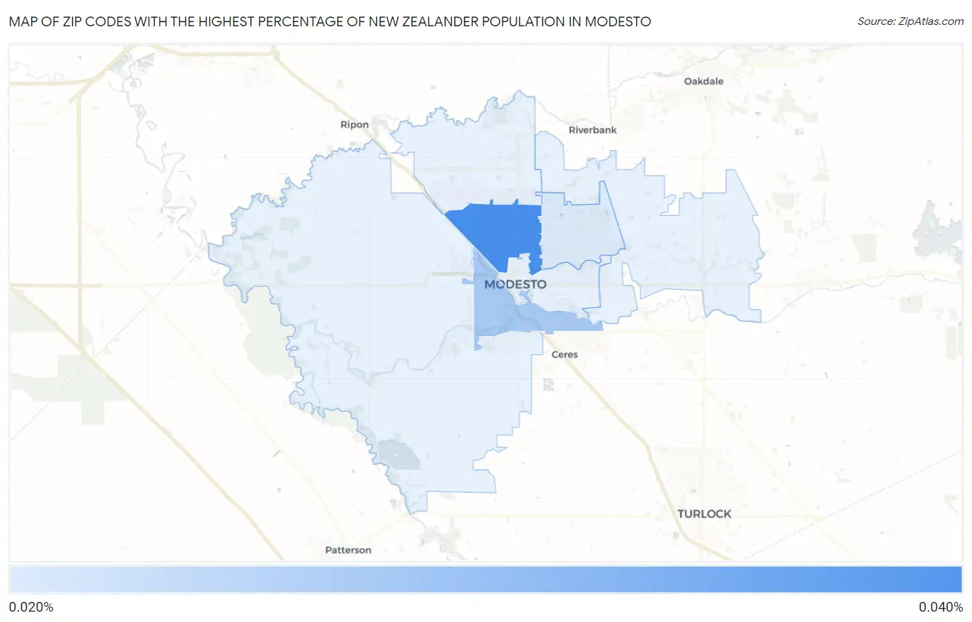 Zip Codes with the Highest Percentage of New Zealander Population in Modesto Map