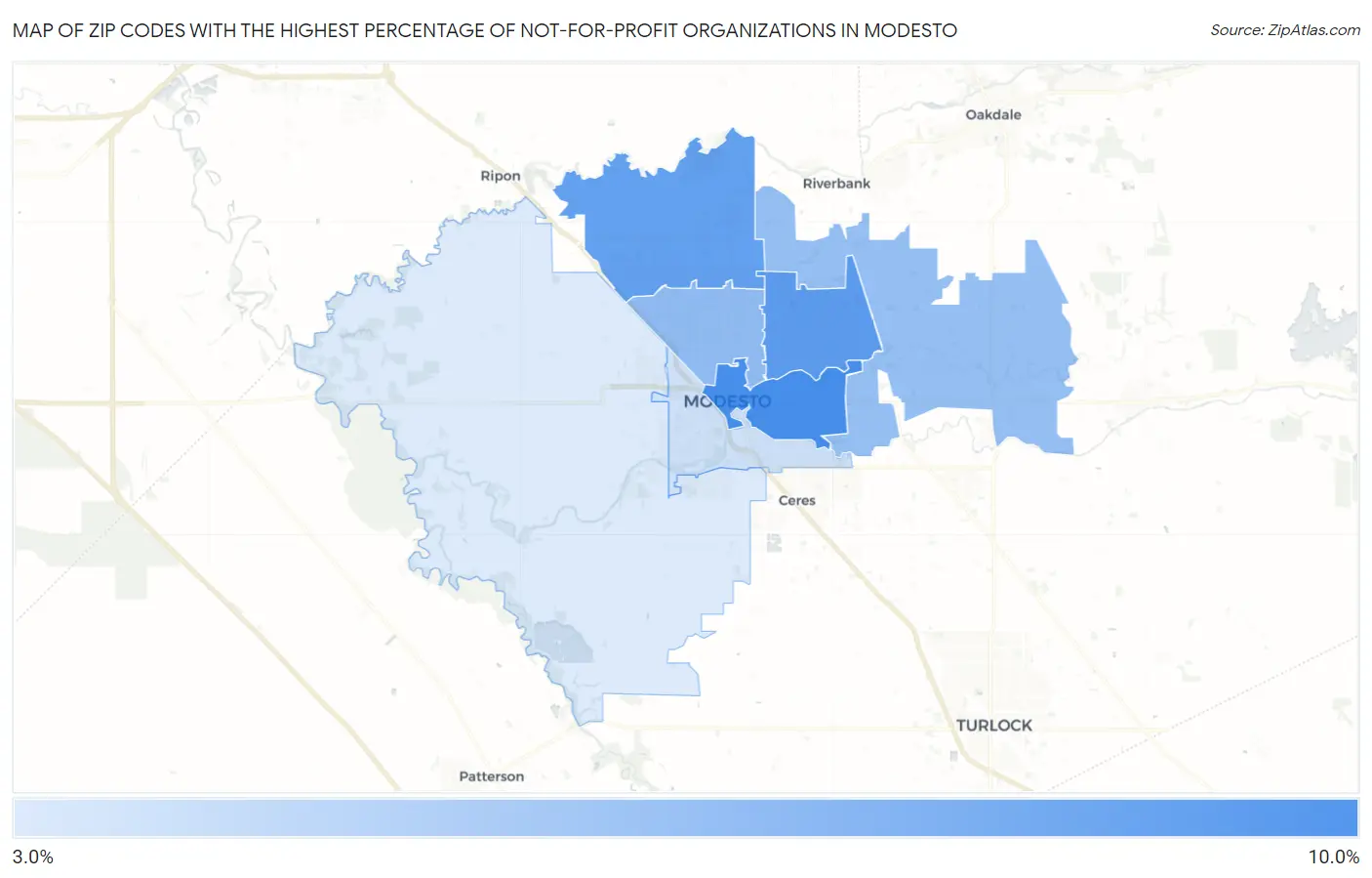 Zip Codes with the Highest Percentage of Not-for-profit Organizations in Modesto Map
