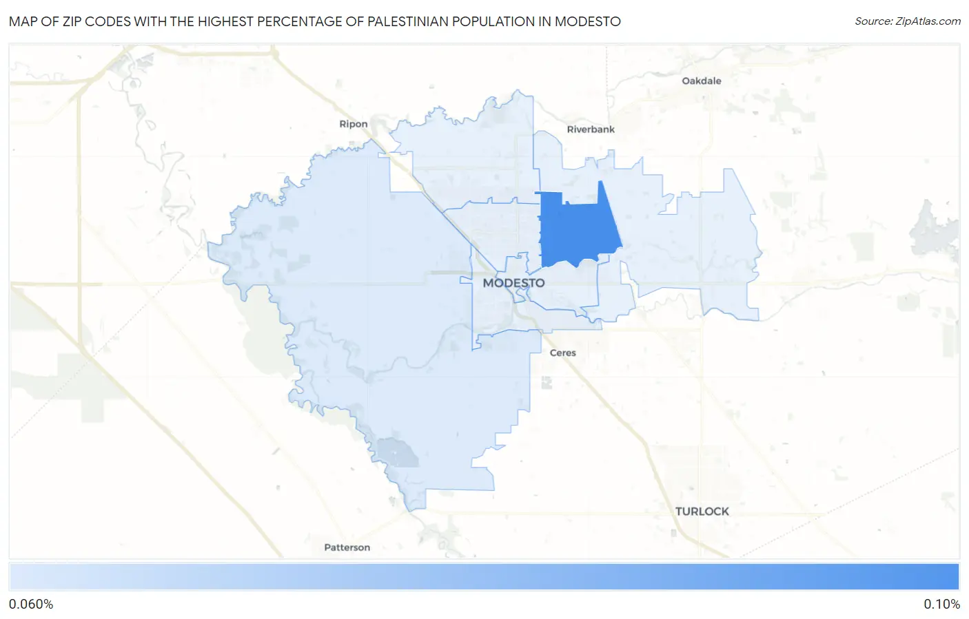 Zip Codes with the Highest Percentage of Palestinian Population in Modesto Map