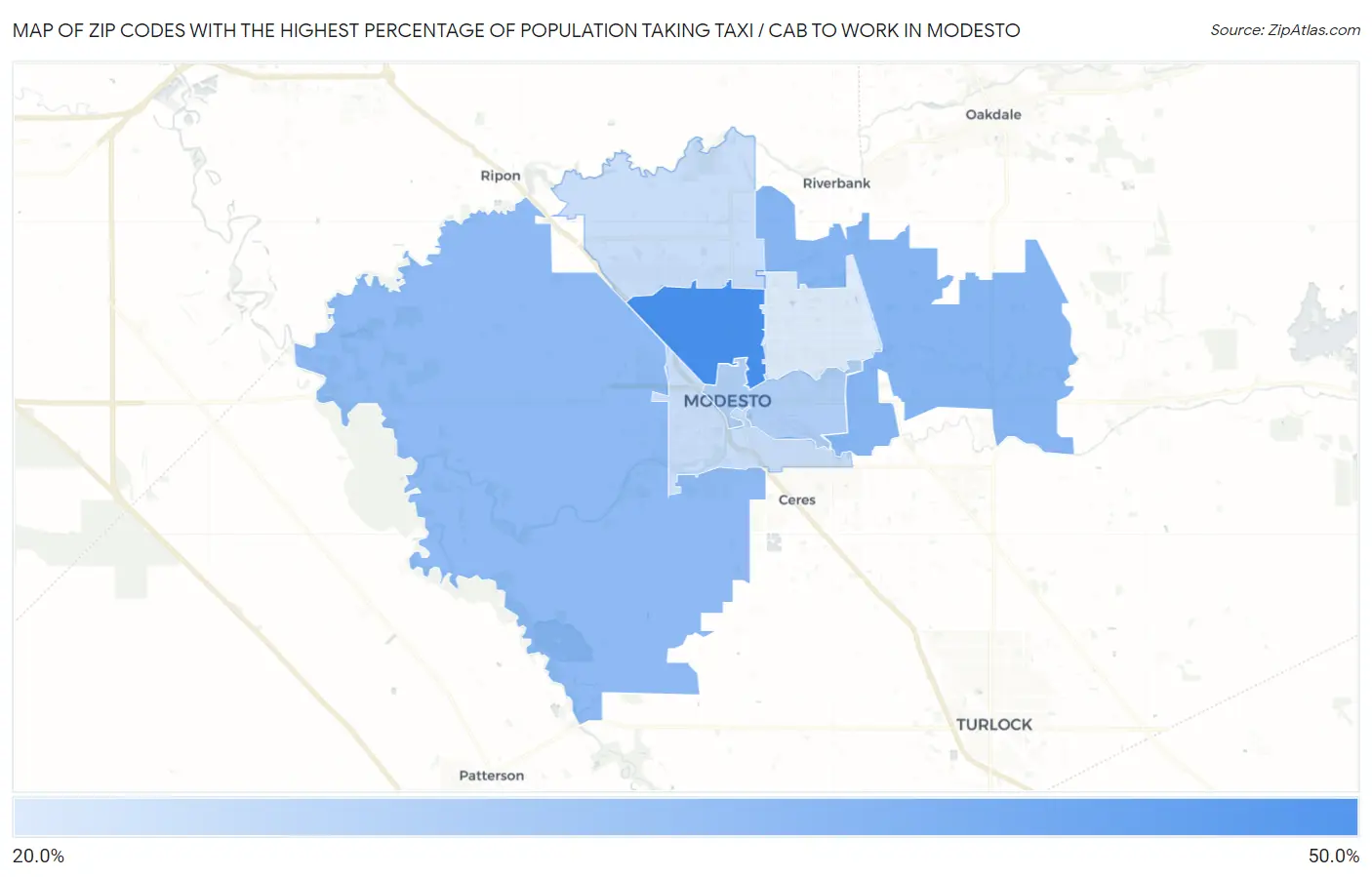Zip Codes with the Highest Percentage of Population Taking Taxi / Cab to Work in Modesto Map