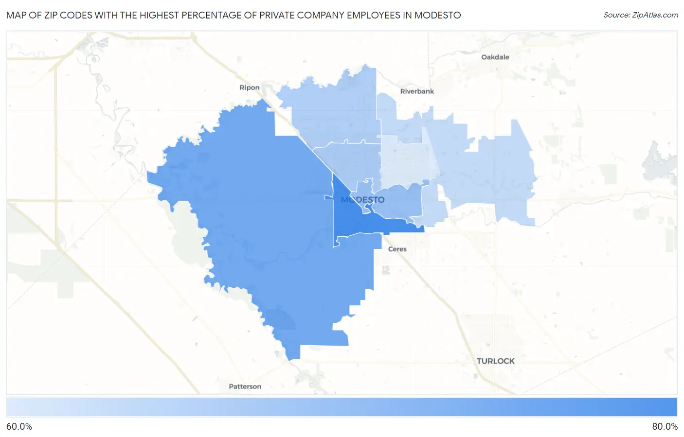 Zip Codes with the Highest Percentage of Private Company Employees in Modesto Map