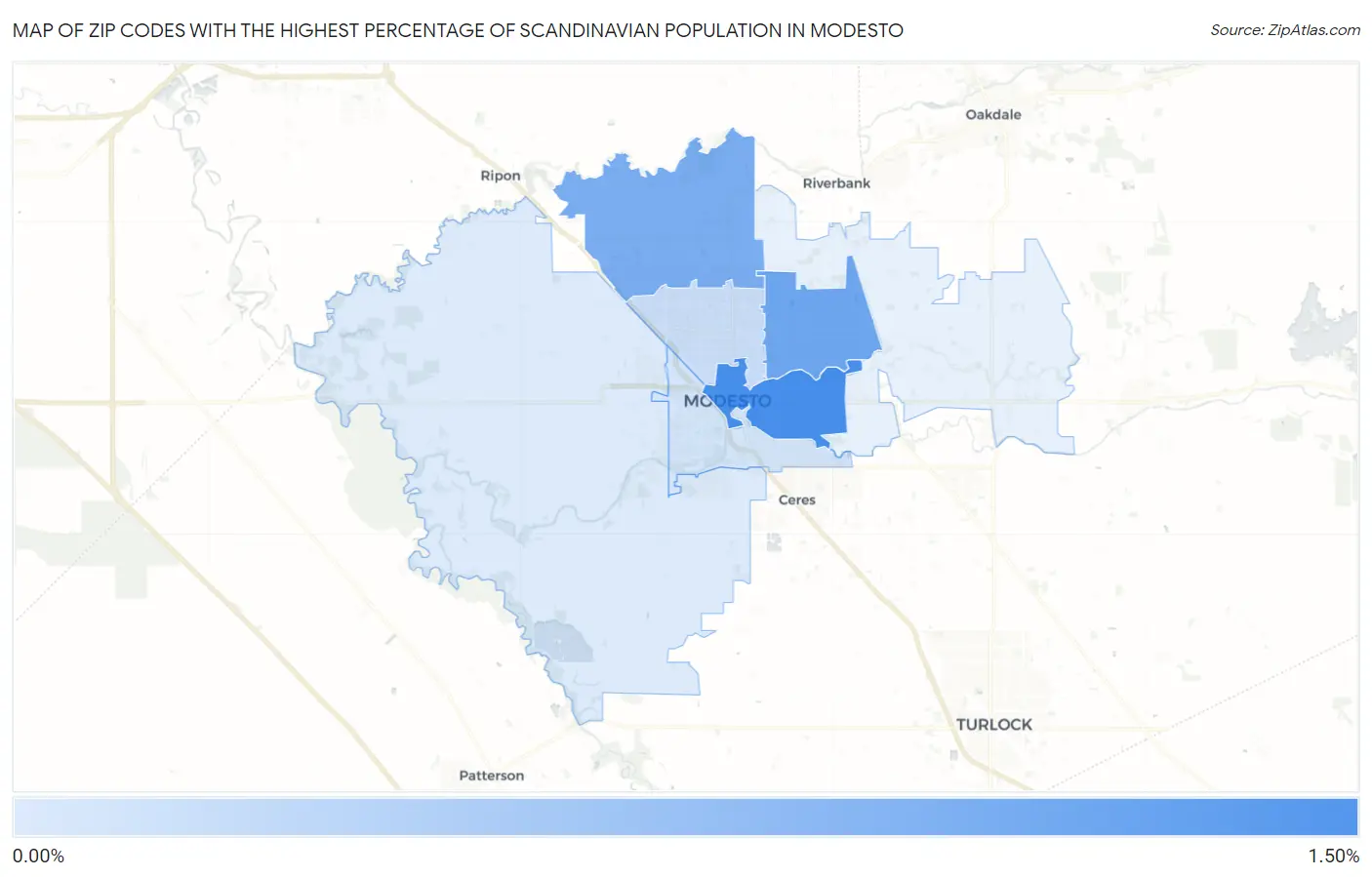 Zip Codes with the Highest Percentage of Scandinavian Population in Modesto Map