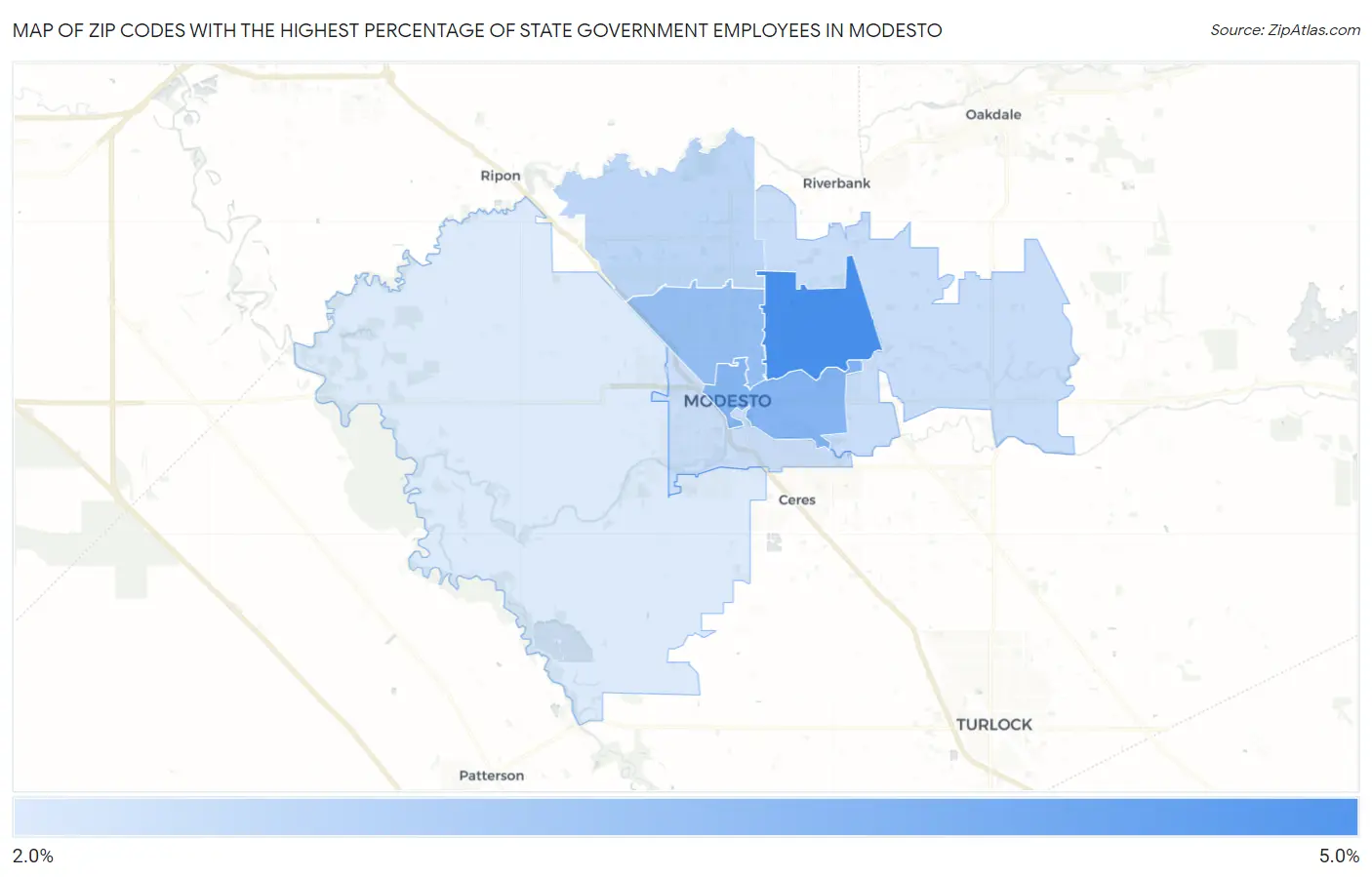 Zip Codes with the Highest Percentage of State Government Employees in Modesto Map