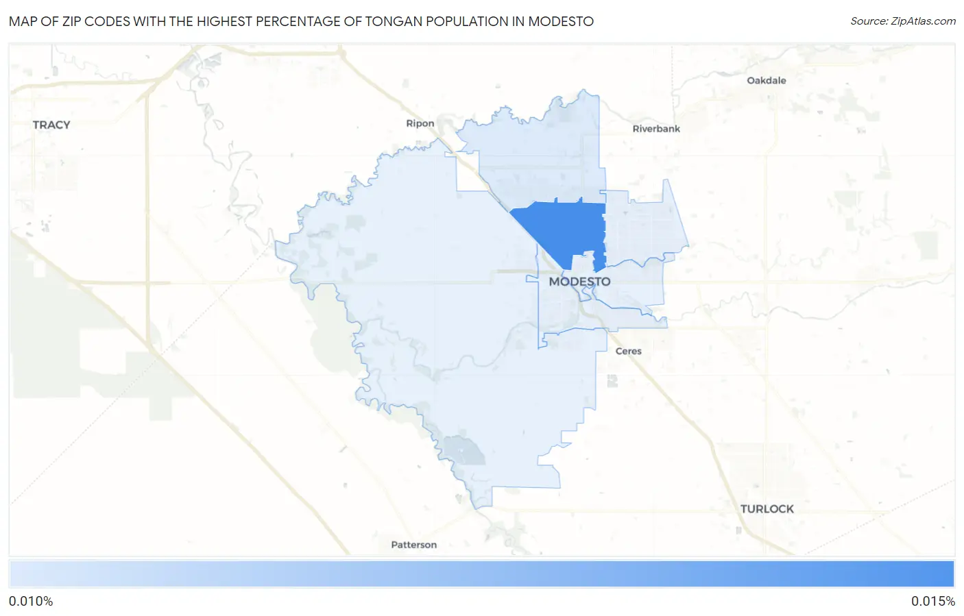 Zip Codes with the Highest Percentage of Tongan Population in Modesto Map