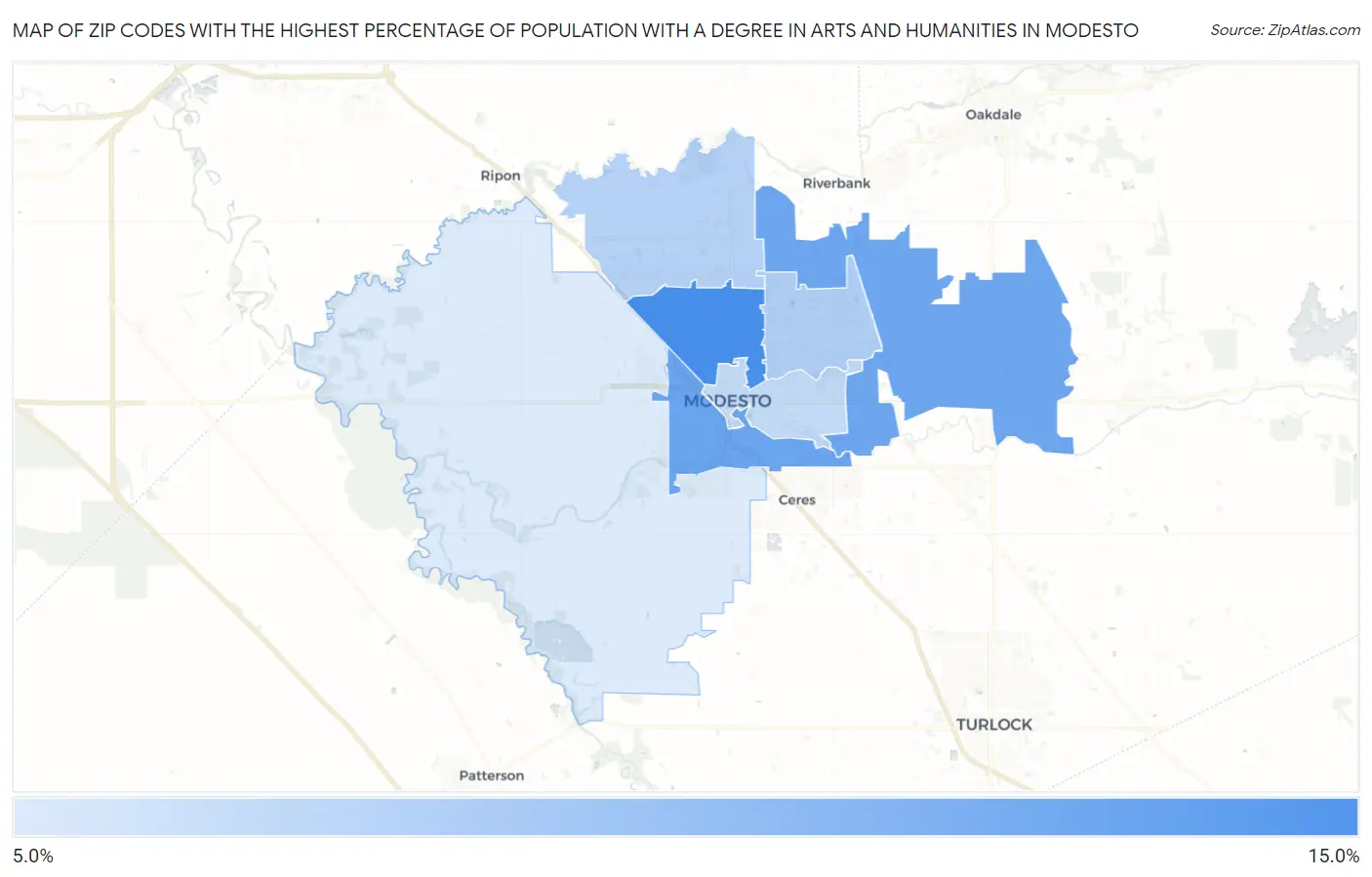 Zip Codes with the Highest Percentage of Population with a Degree in Arts and Humanities in Modesto Map