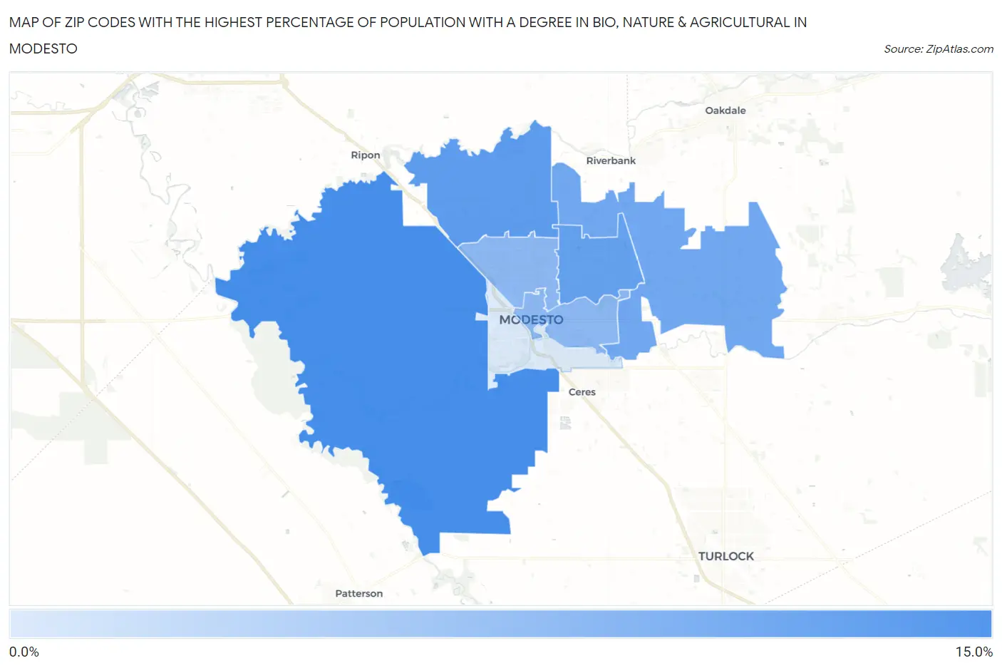Zip Codes with the Highest Percentage of Population with a Degree in Bio, Nature & Agricultural in Modesto Map