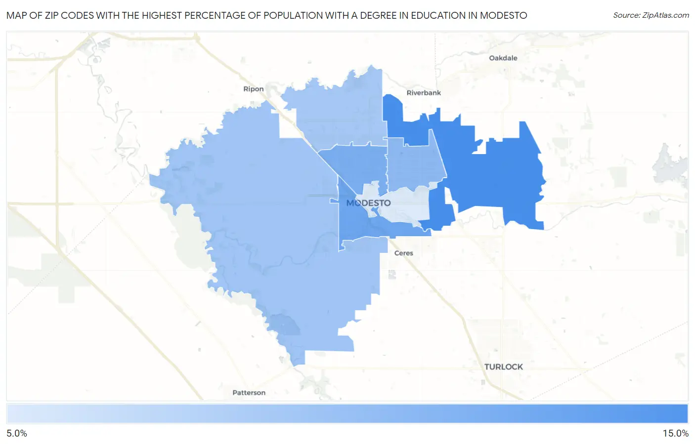 Zip Codes with the Highest Percentage of Population with a Degree in Education in Modesto Map