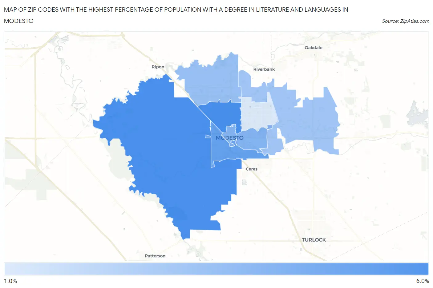 Zip Codes with the Highest Percentage of Population with a Degree in Literature and Languages in Modesto Map