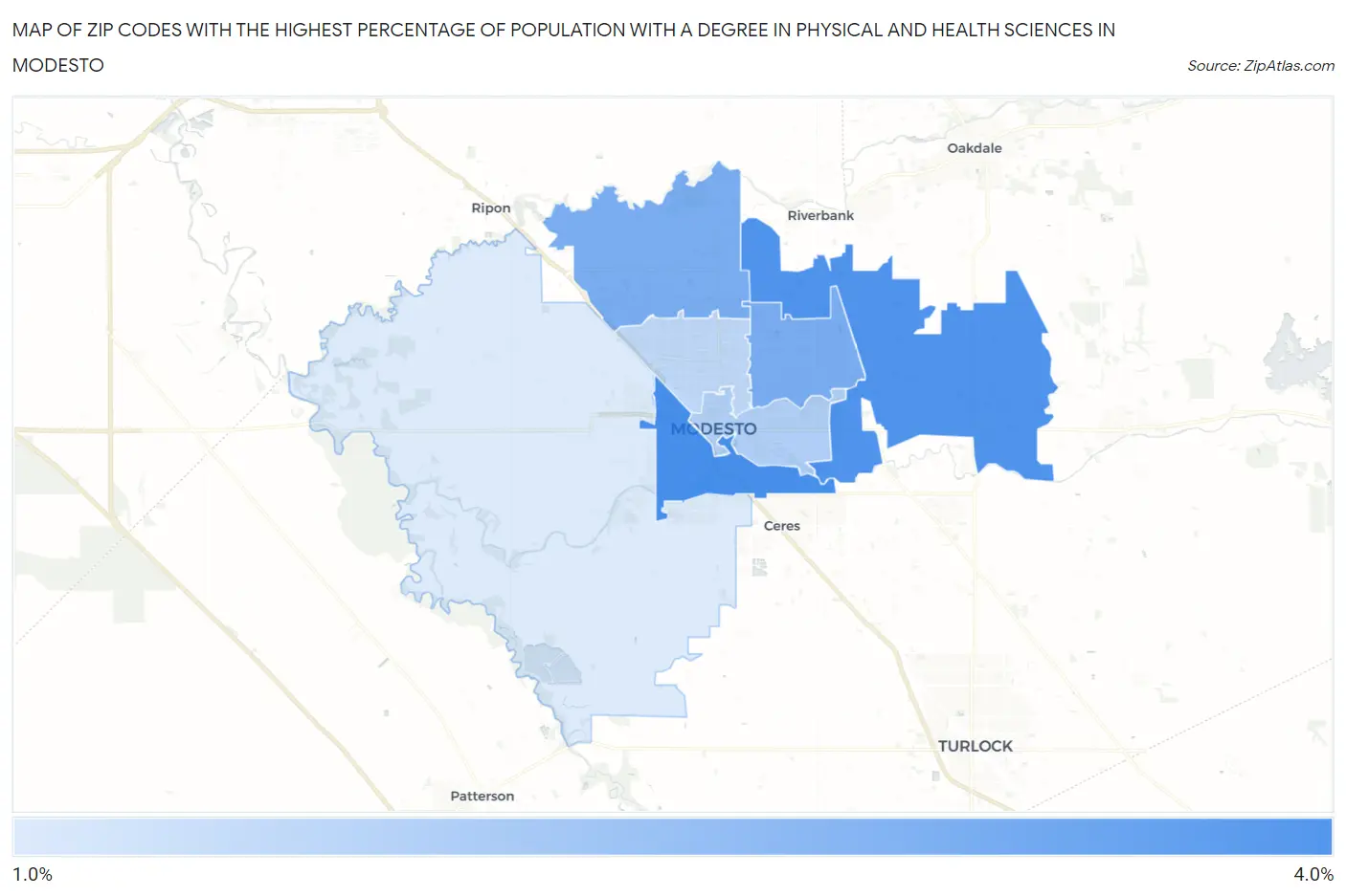 Zip Codes with the Highest Percentage of Population with a Degree in Physical and Health Sciences in Modesto Map