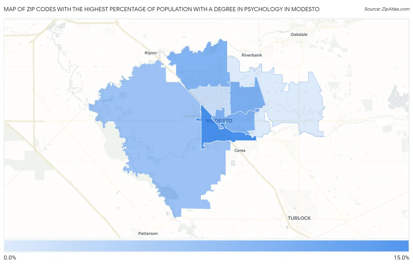 Zip Codes with the Highest Percentage of Population with a Degree in Psychology in Modesto Map