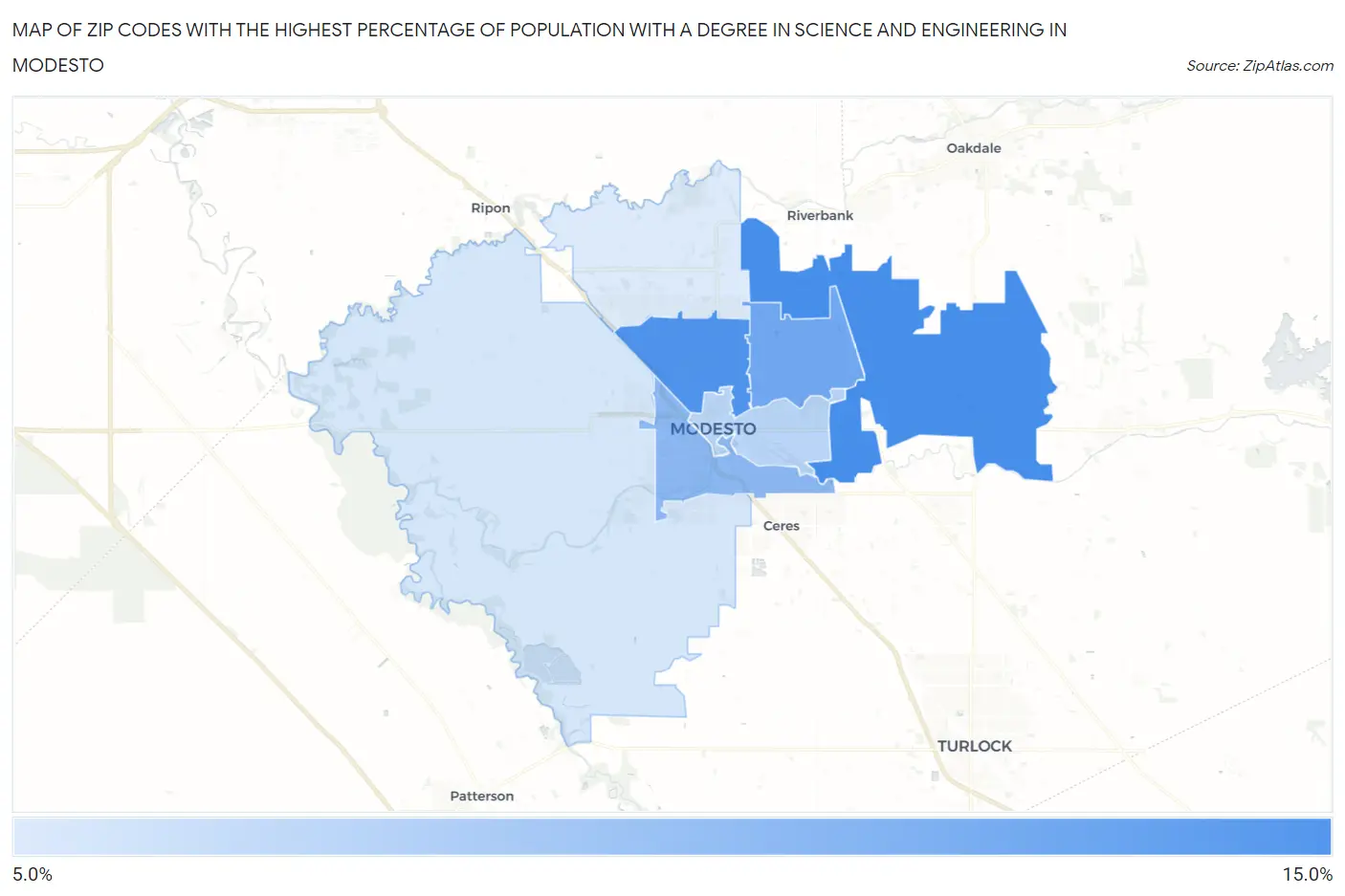 Zip Codes with the Highest Percentage of Population with a Degree in Science and Engineering in Modesto Map