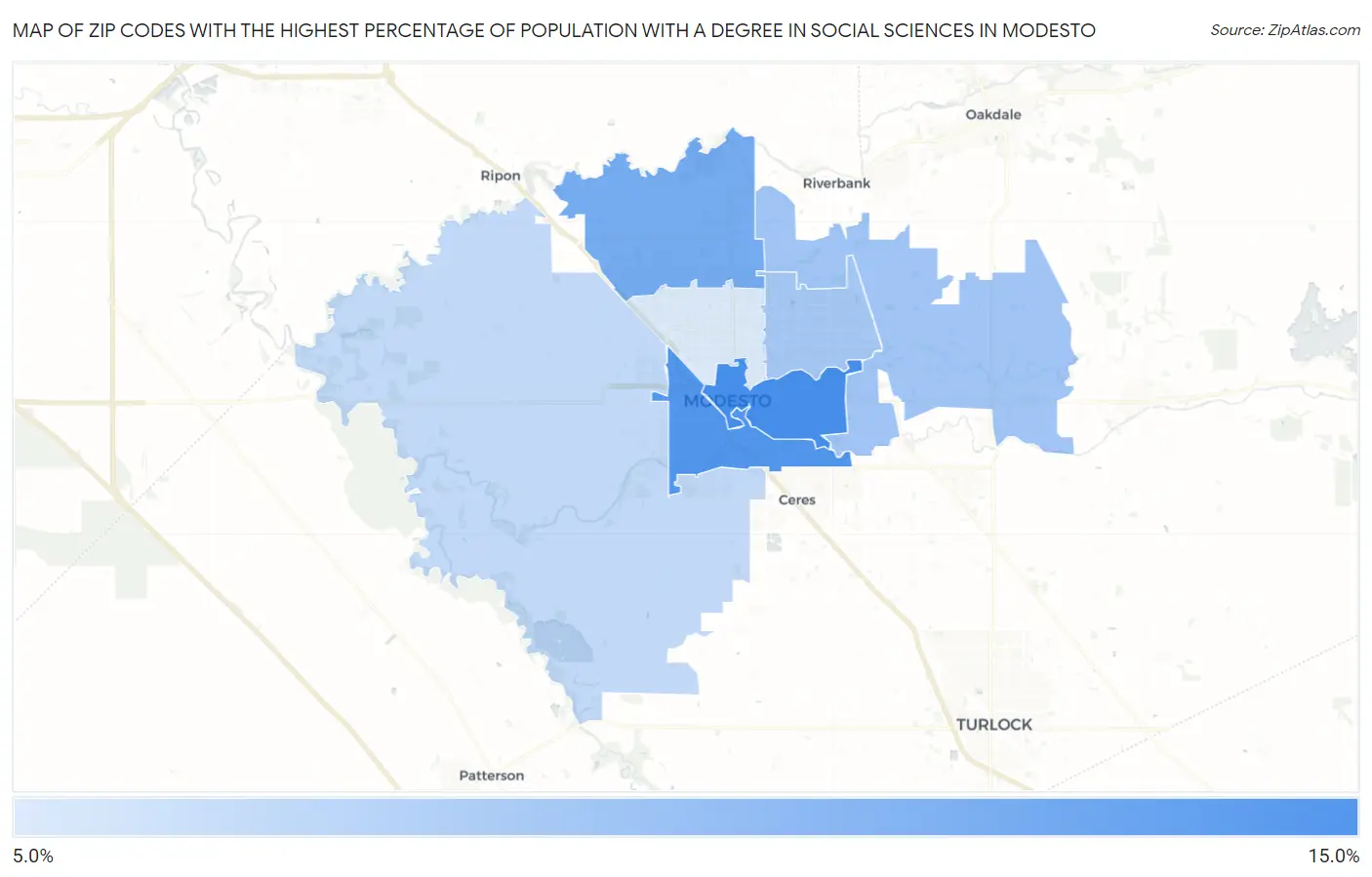 Zip Codes with the Highest Percentage of Population with a Degree in Social Sciences in Modesto Map