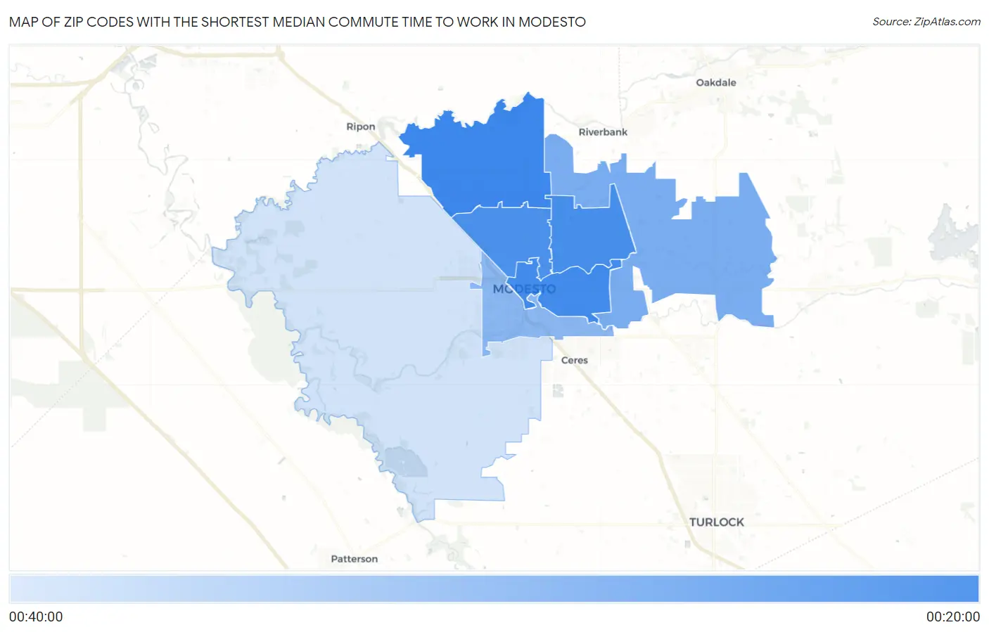 Zip Codes with the Shortest Median Commute Time to Work in Modesto Map