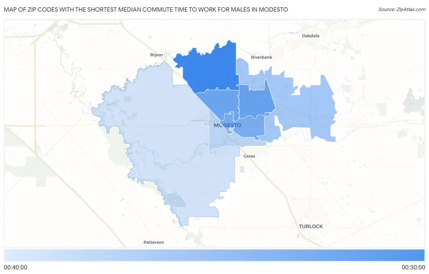 Zip Codes with the Shortest Median Commute Time to Work for Males in Modesto Map