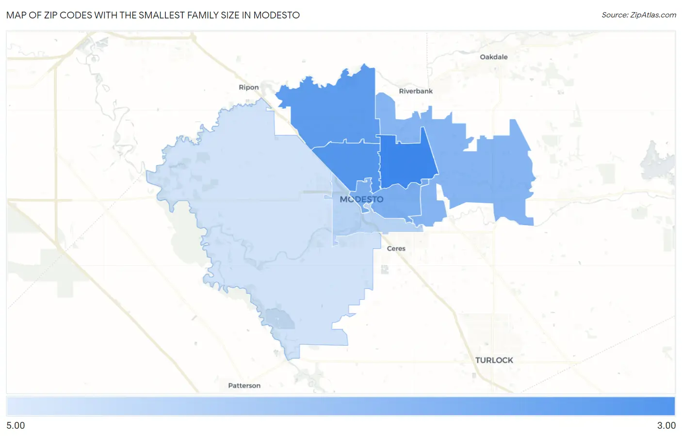 Zip Codes with the Smallest Family Size in Modesto Map