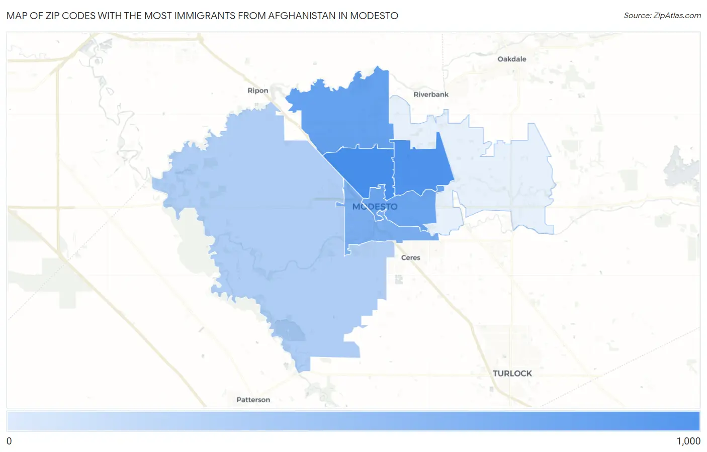 Zip Codes with the Most Immigrants from Afghanistan in Modesto Map