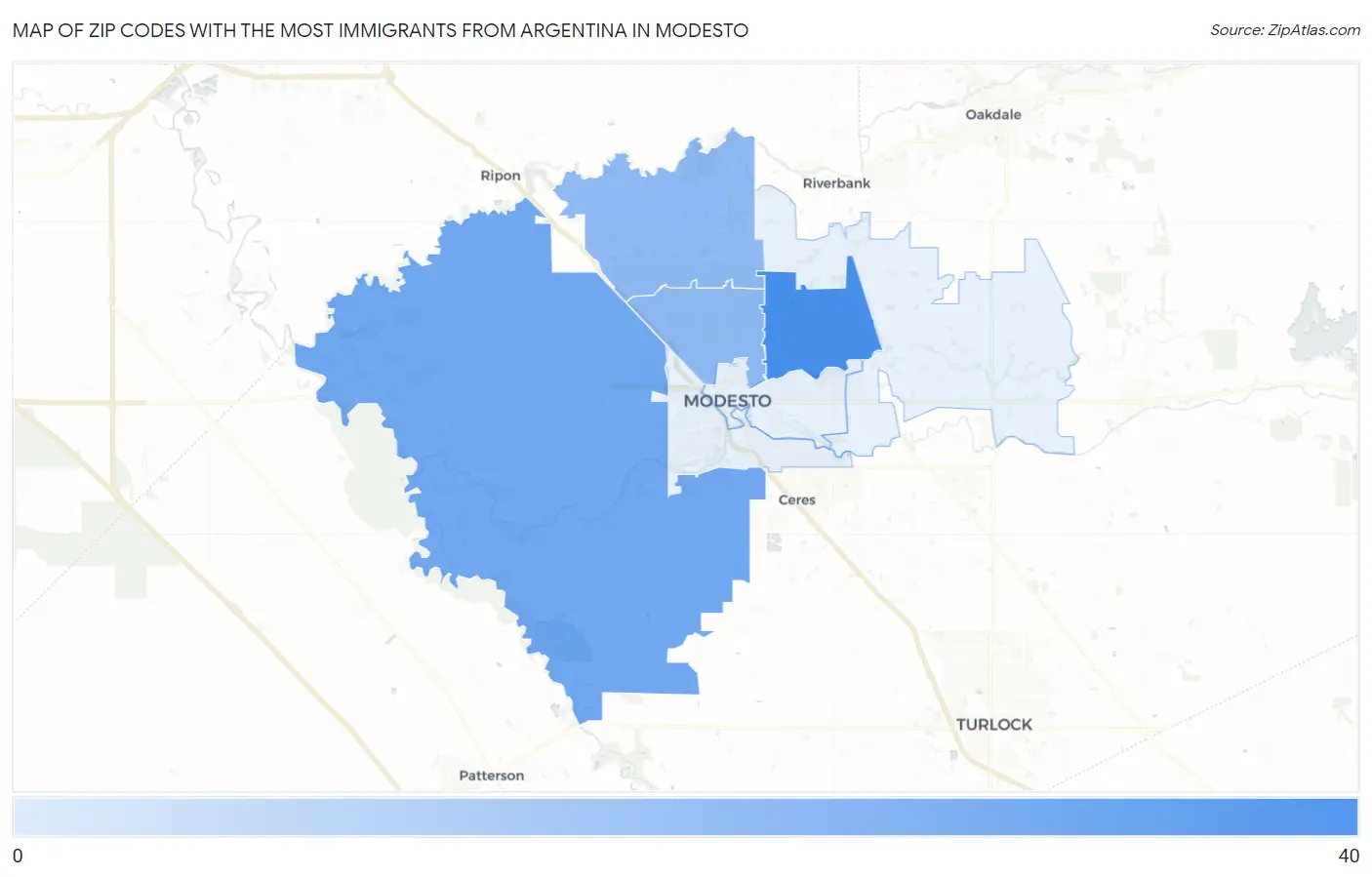 Zip Codes with the Most Immigrants from Argentina in Modesto Map