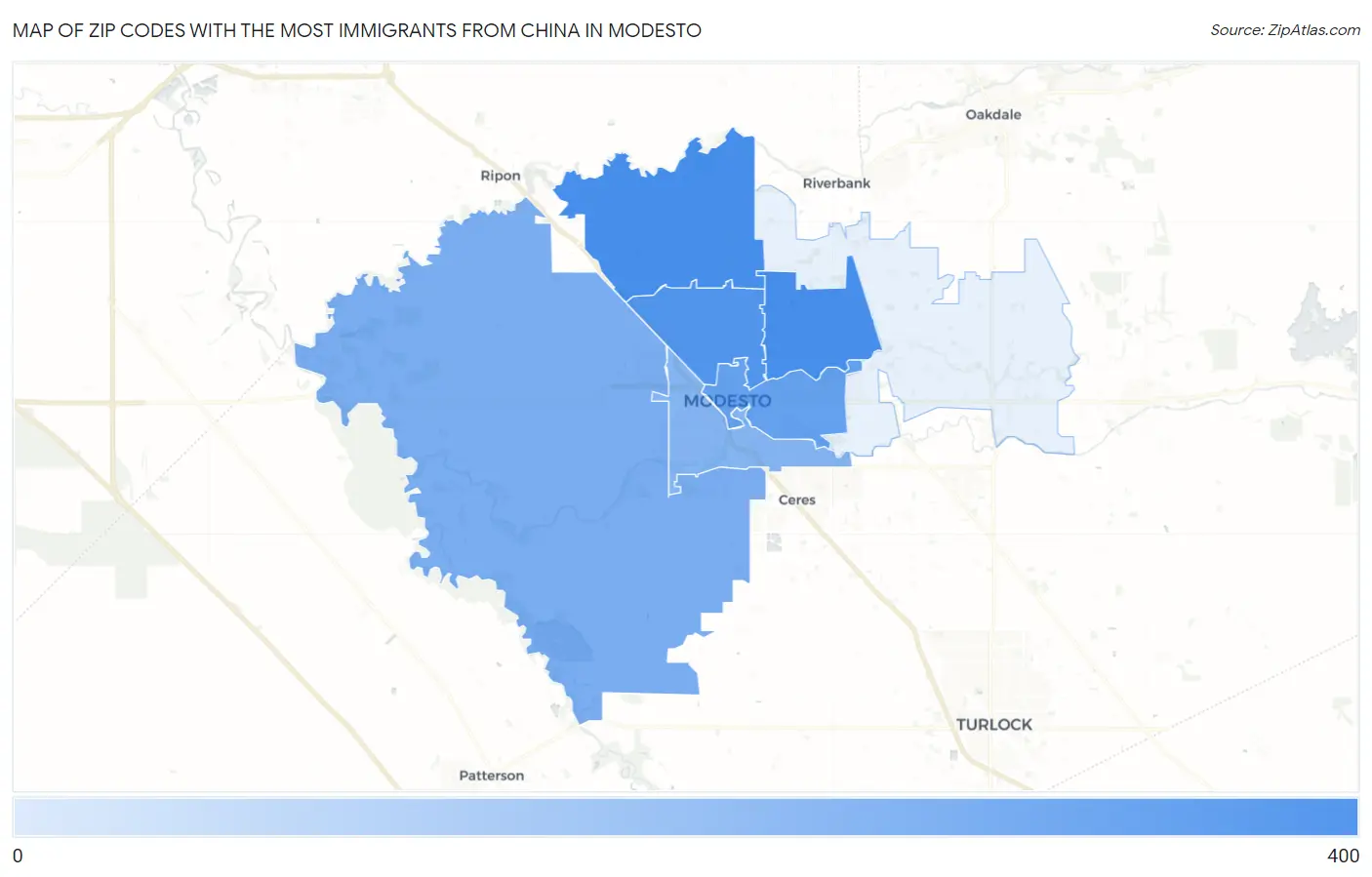 Zip Codes with the Most Immigrants from China in Modesto Map