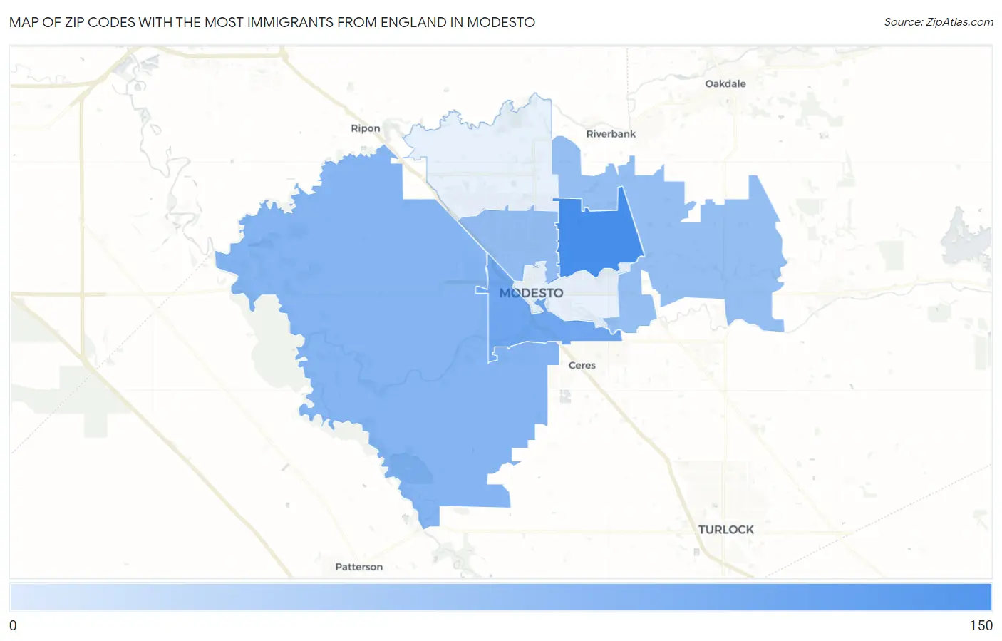 Zip Codes with the Most Immigrants from England in Modesto Map