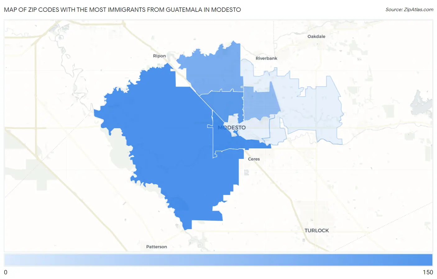 Zip Codes with the Most Immigrants from Guatemala in Modesto Map