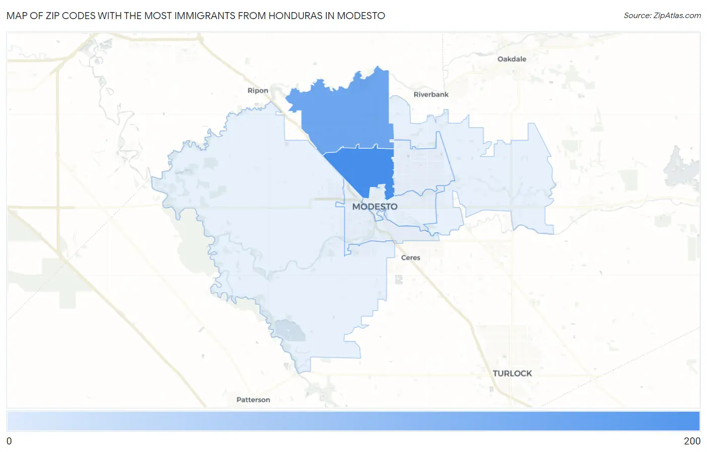 Zip Codes with the Most Immigrants from Honduras in Modesto Map