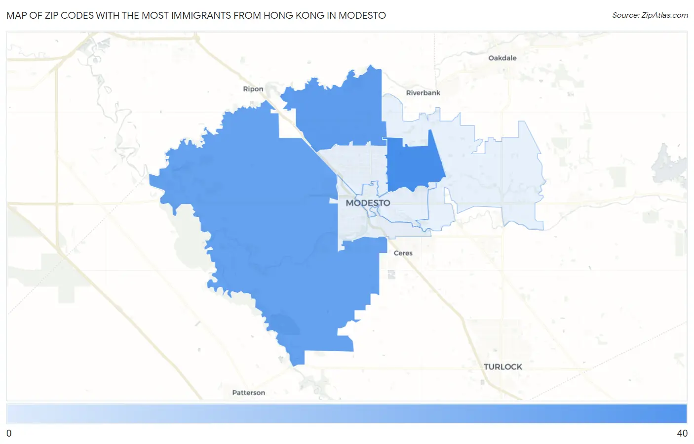 Zip Codes with the Most Immigrants from Hong Kong in Modesto Map