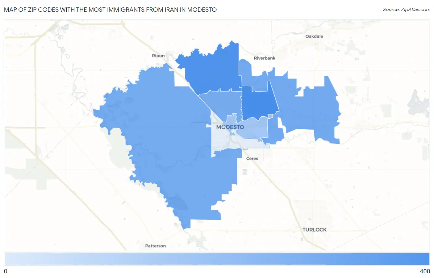 Zip Codes with the Most Immigrants from Iran in Modesto Map