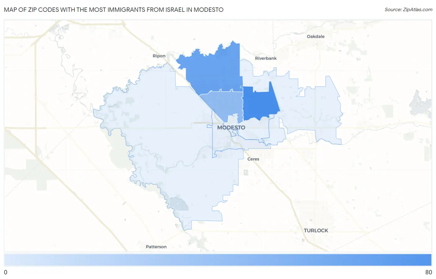 Zip Codes with the Most Immigrants from Israel in Modesto Map