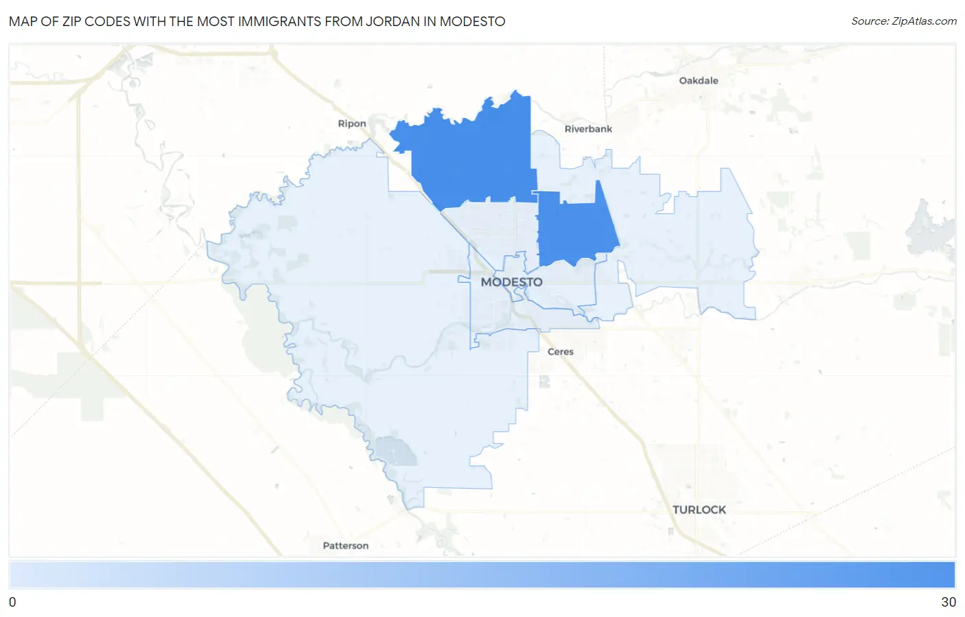 Zip Codes with the Most Immigrants from Jordan in Modesto Map