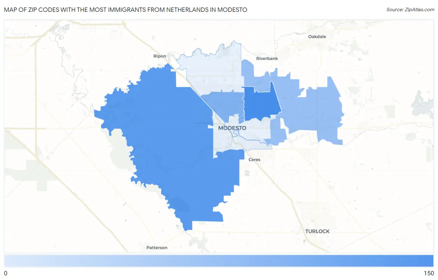 Zip Codes with the Most Immigrants from Netherlands in Modesto Map