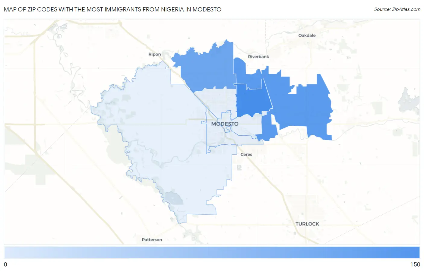 Zip Codes with the Most Immigrants from Nigeria in Modesto Map