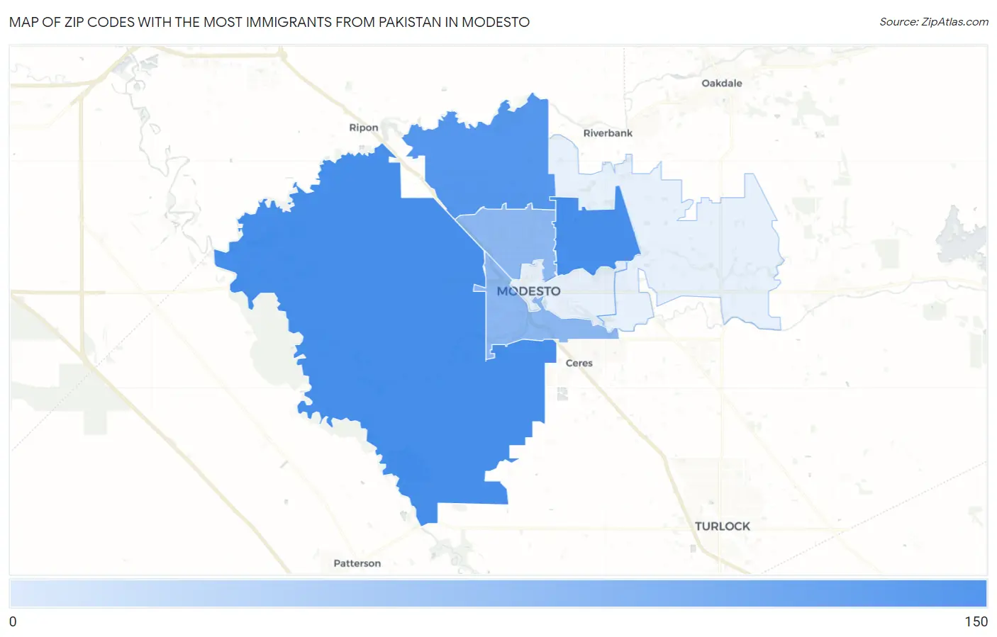 Zip Codes with the Most Immigrants from Pakistan in Modesto Map