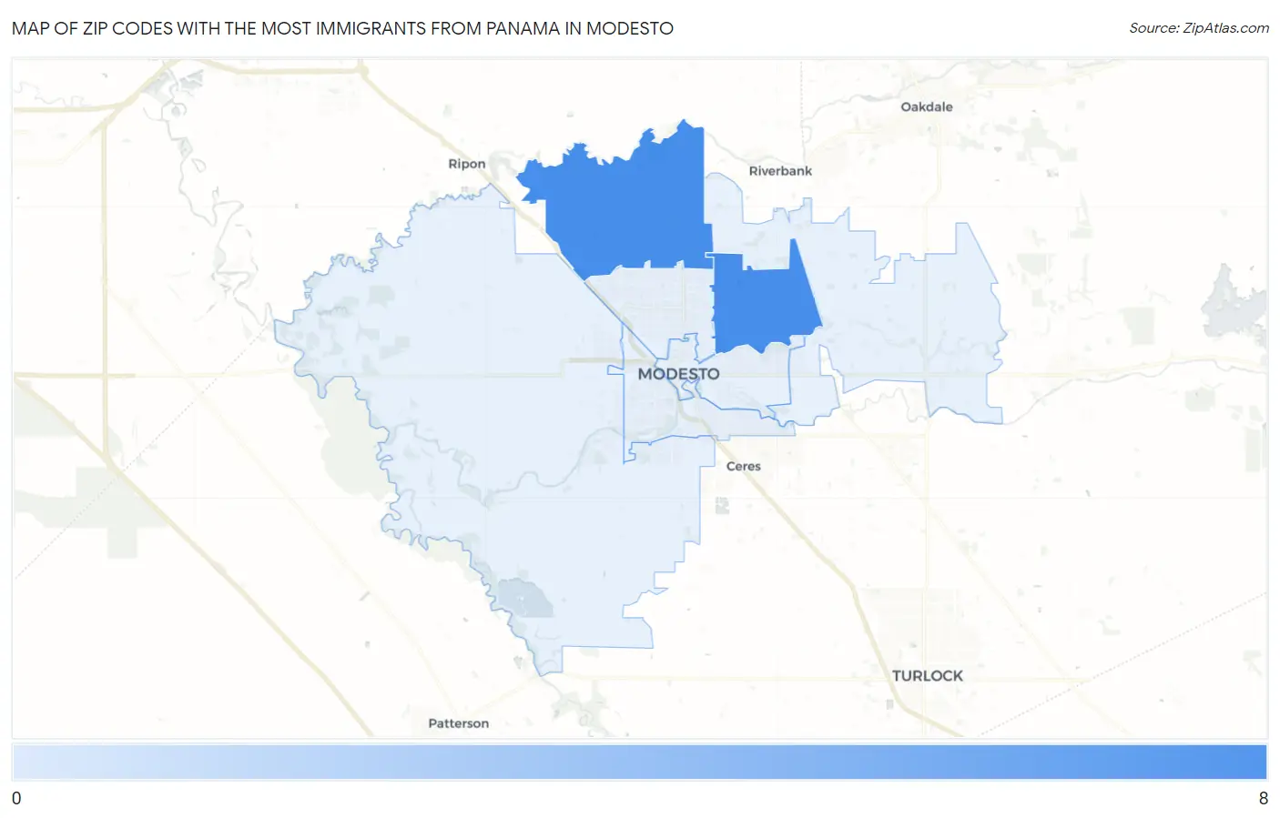 Zip Codes with the Most Immigrants from Panama in Modesto Map