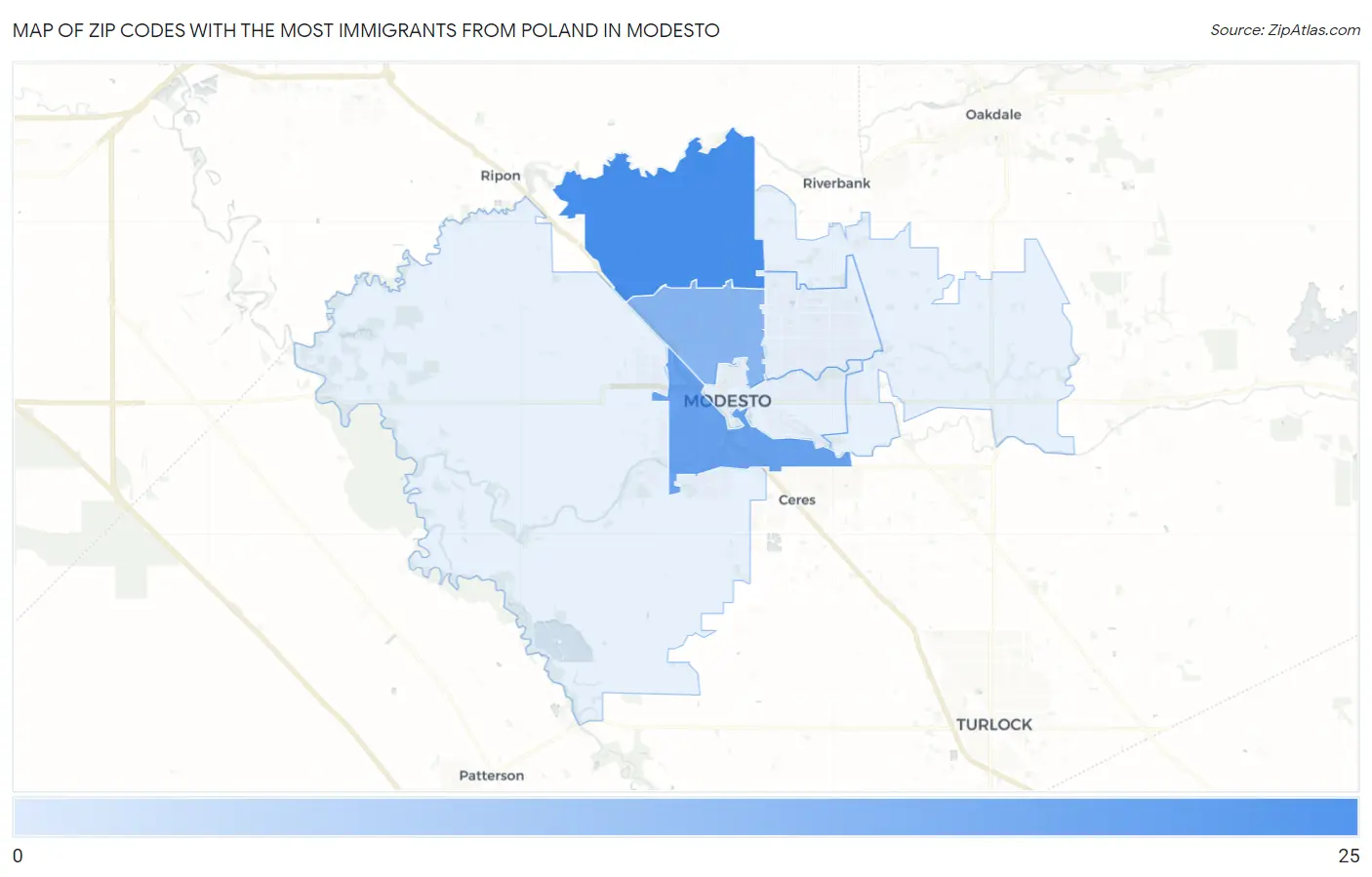 Zip Codes with the Most Immigrants from Poland in Modesto Map