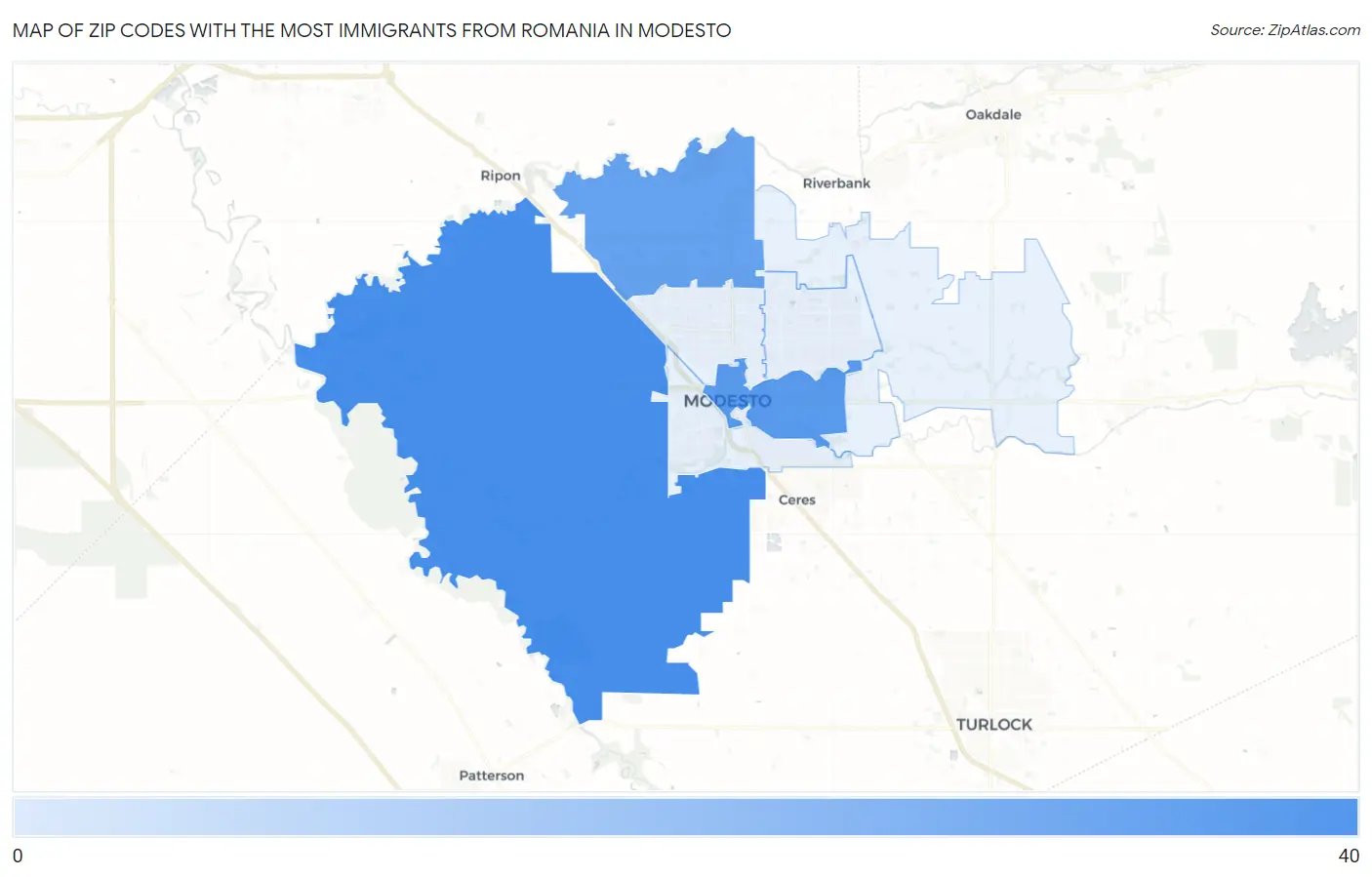 Zip Codes with the Most Immigrants from Romania in Modesto Map