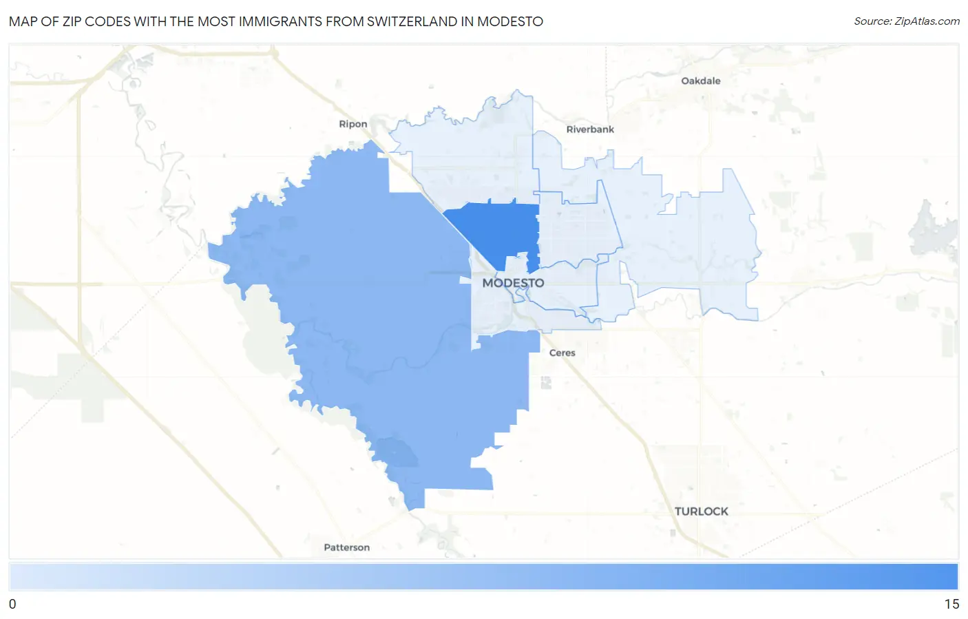 Zip Codes with the Most Immigrants from Switzerland in Modesto Map