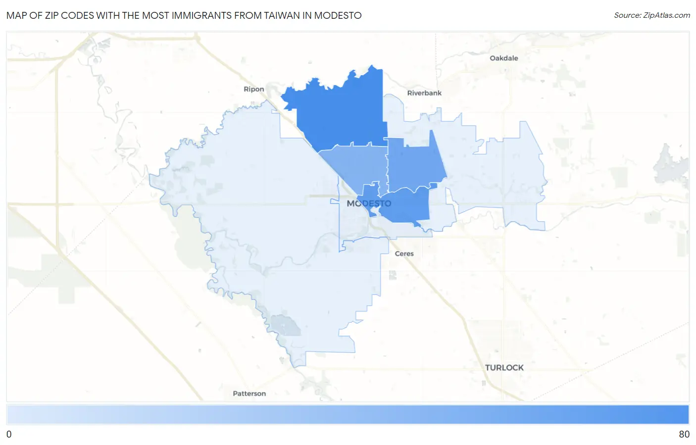 Zip Codes with the Most Immigrants from Taiwan in Modesto Map